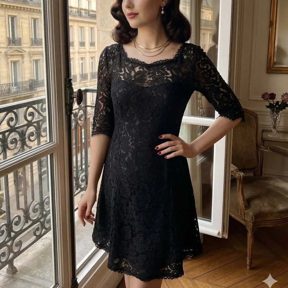 Eliza J Womens Size 4 Black Lace‎ Dress Sheer 3/4 Sleeve A-Line Fit Flare Lined